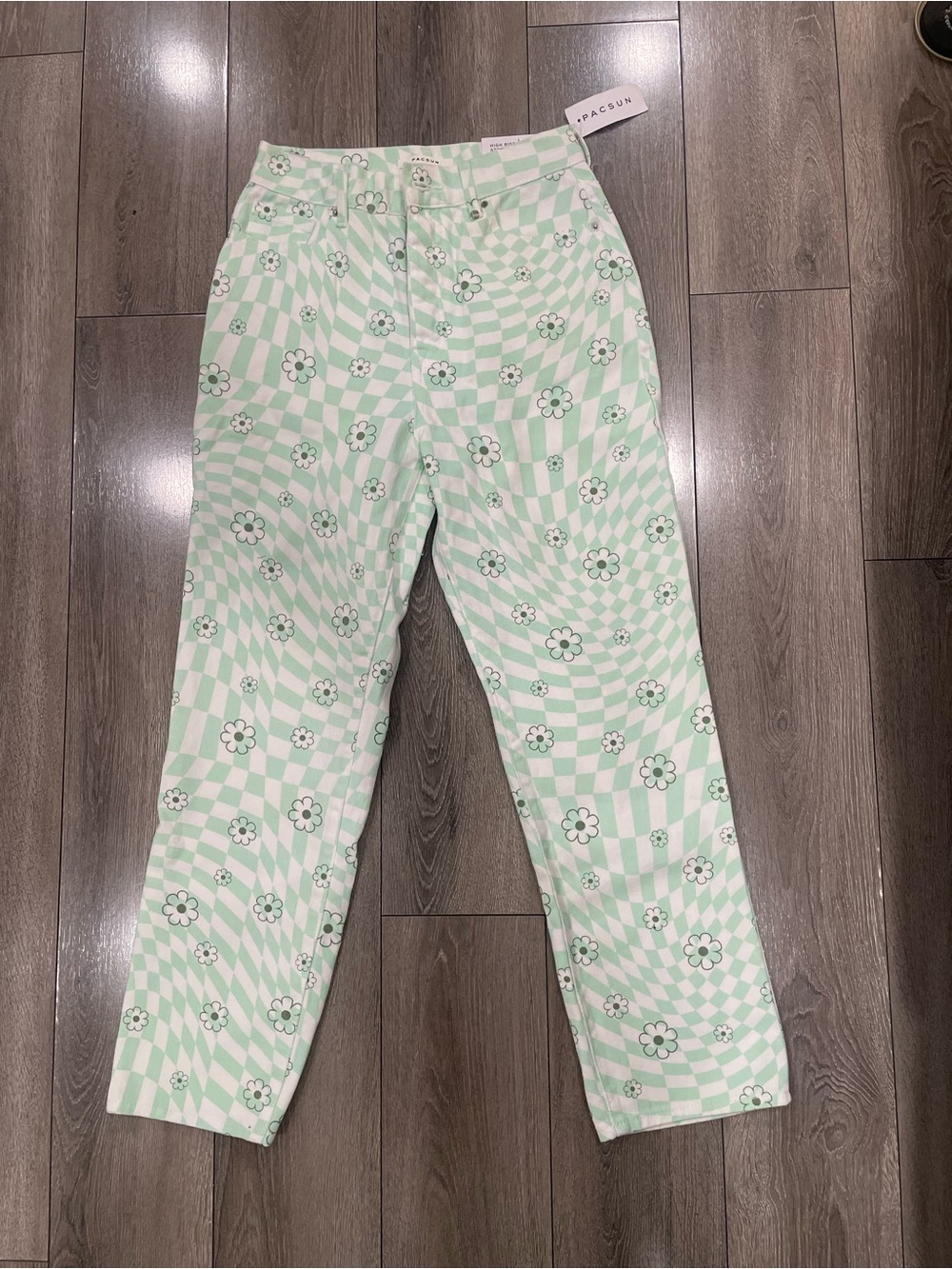 PacSun Mint Green Checkerboard Daisy Straight-Leg Jeans